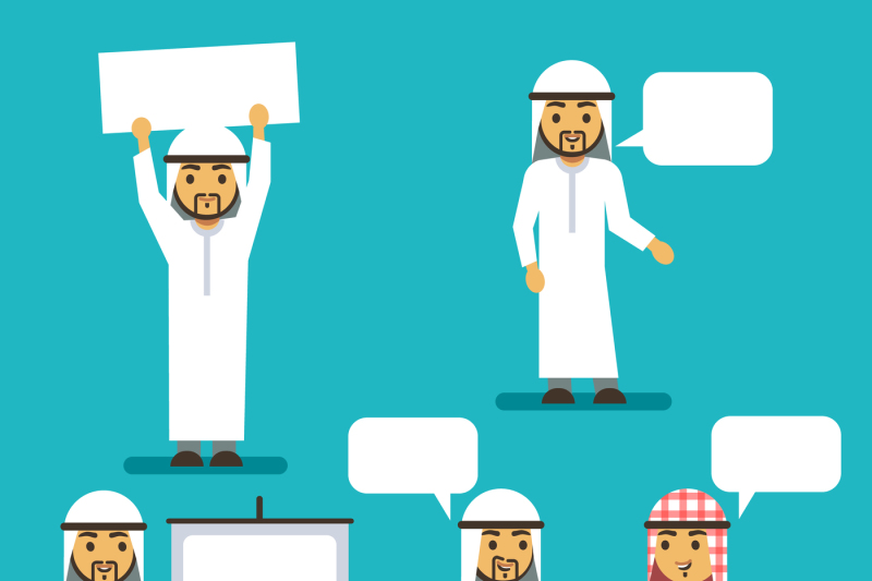 arab-man-vector-characters-with-blank-banner-and-speech-bubbles-arabi