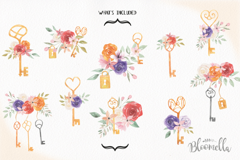 watercolor-keys-locks-flowers-floral-bouquets-padlocks-clipart