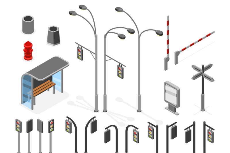 isometric-3d-street-road-vector-objects-icons-set