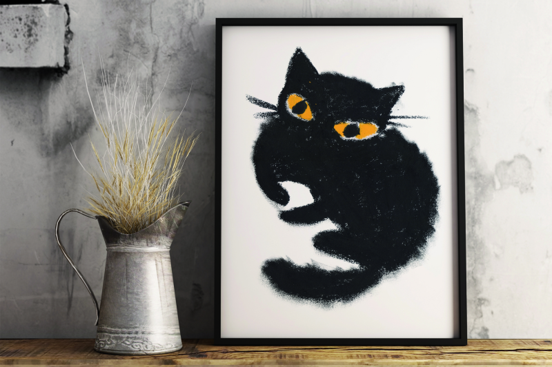 black-cat-hand-drawn-pastel-set