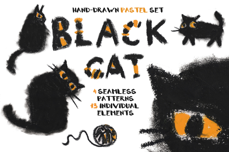 black-cat-hand-drawn-pastel-set