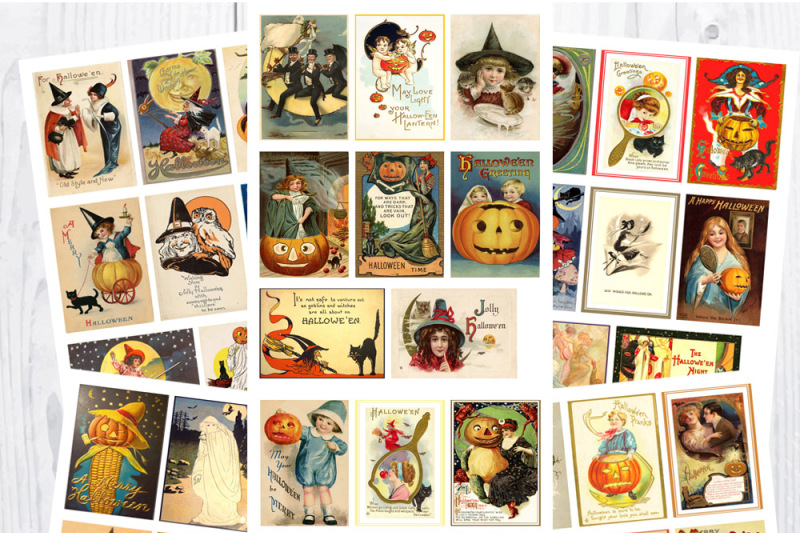 Halloween Postcards Atc Size 48 Vintage Cards By Black Crow Digital Thehungryjpeg Com