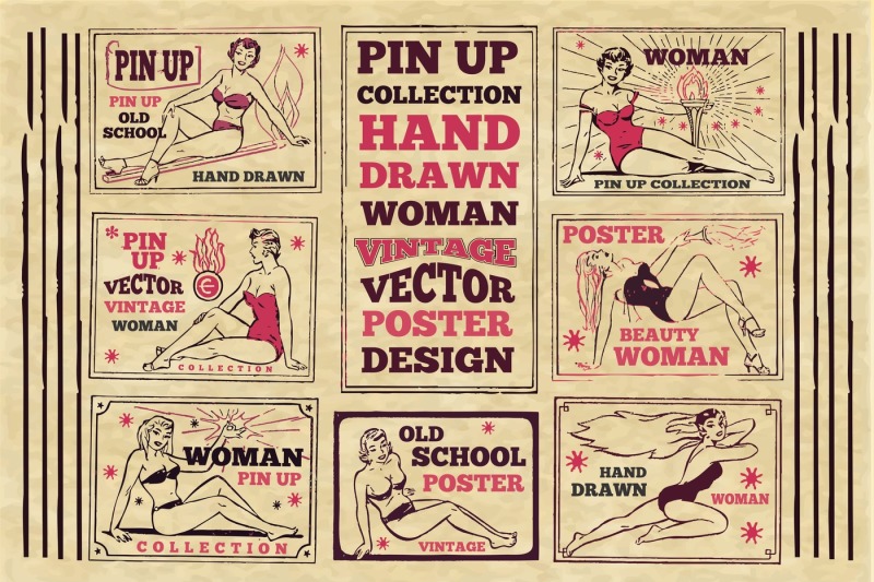 vintage-pin-up-poster-collection-with-old-style-woman-illustration