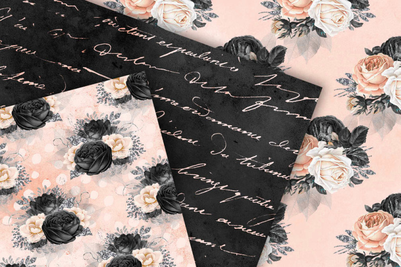 peach-and-black-floral-digital-paper