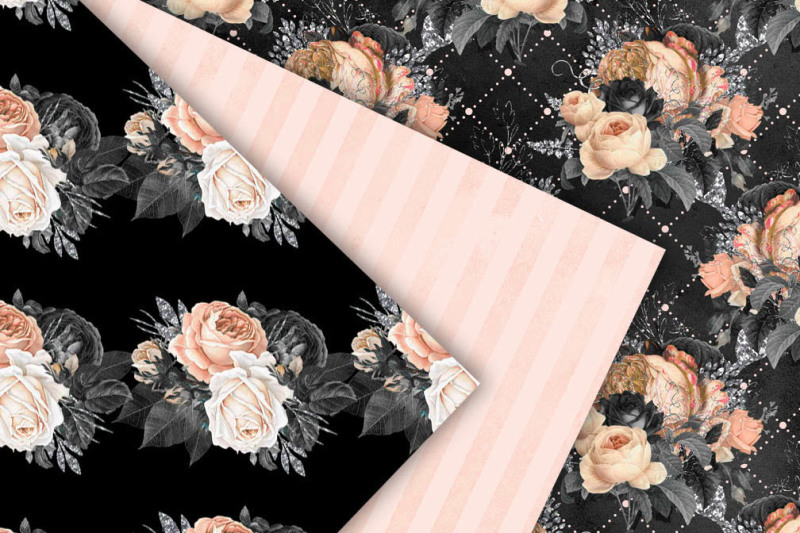 peach-and-black-floral-digital-paper