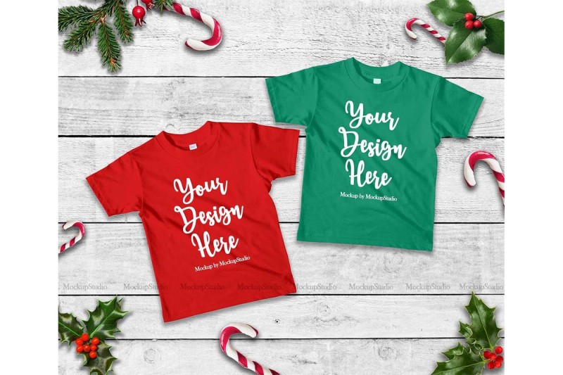 two-matching-christmas-kids-red-and-kelly-green-shirts-mock-up