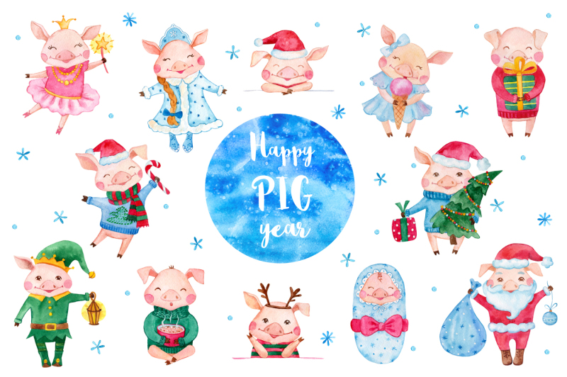 cute-christmas-watercolor-pigs-collection
