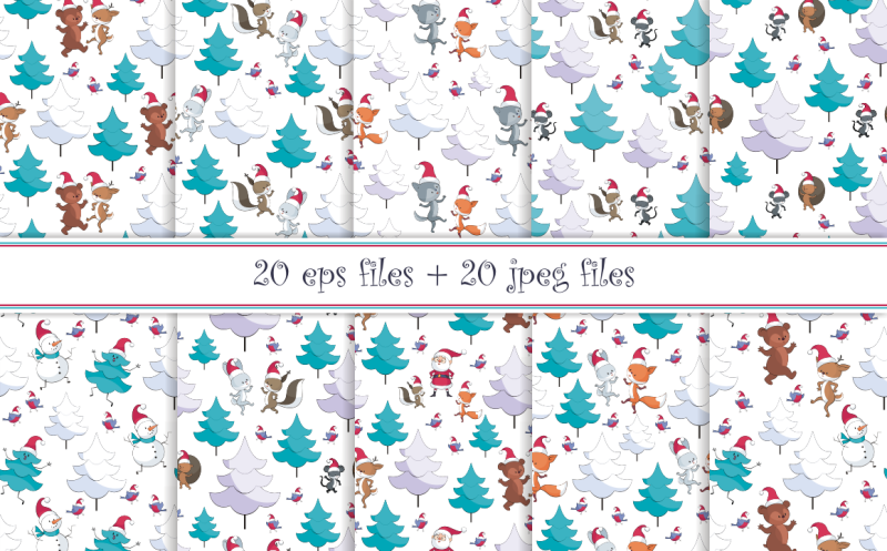 woodland-party-christmas-seamless-patterns-with-cute-animals