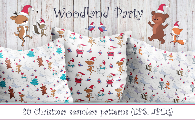 woodland-party-christmas-seamless-patterns-with-cute-animals