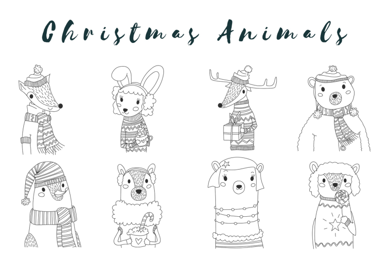 vector-christmas-animals-outline-set