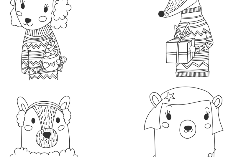 vector-christmas-animals-outline-set