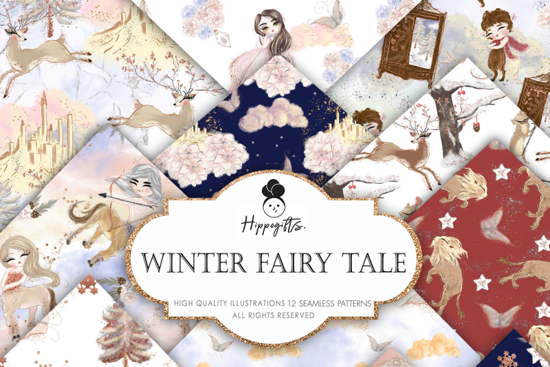 winter-fairy-tale-digital-paper-winter-unicorn-christmas-pattern