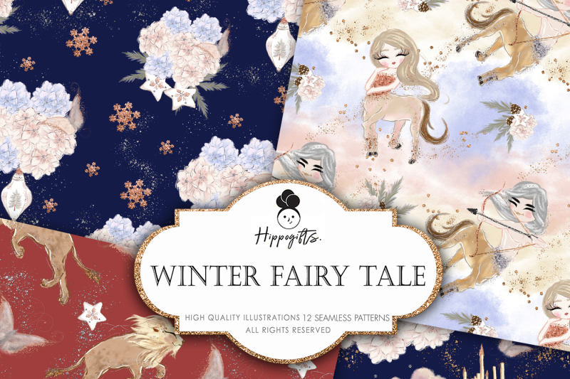 winter-fairy-tale-digital-paper-winter-unicorn-christmas-pattern