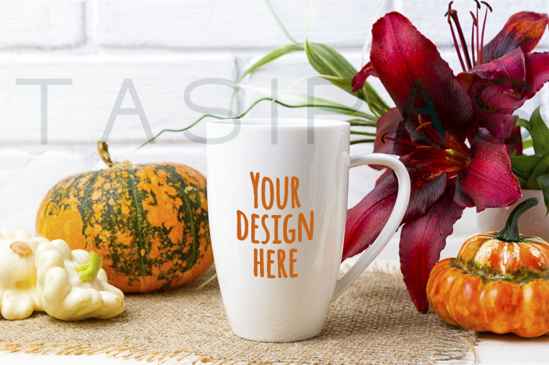 white-coffee-cappuccino-mug-mockup-with-pumpkin-and-red-lily