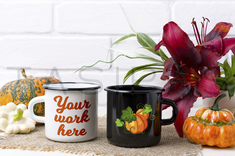 white-and-black-campfire-mug-mockup-with-pumpkin-and-red-lily