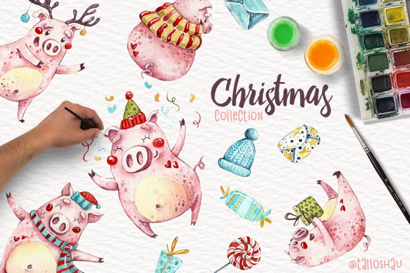 watercolor-christmas-pigs