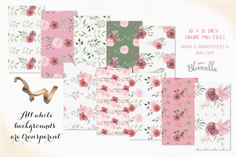 delicate-digital-papers-roses-clipart-pink-red-leaves-leaf-patterns