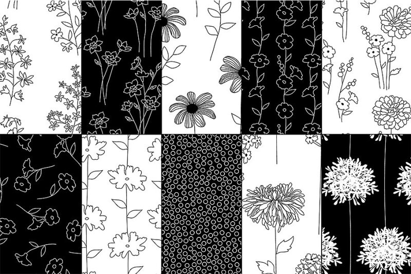 Black & White Botanical Patterns By Melissa Held Designs | TheHungryJPEG
