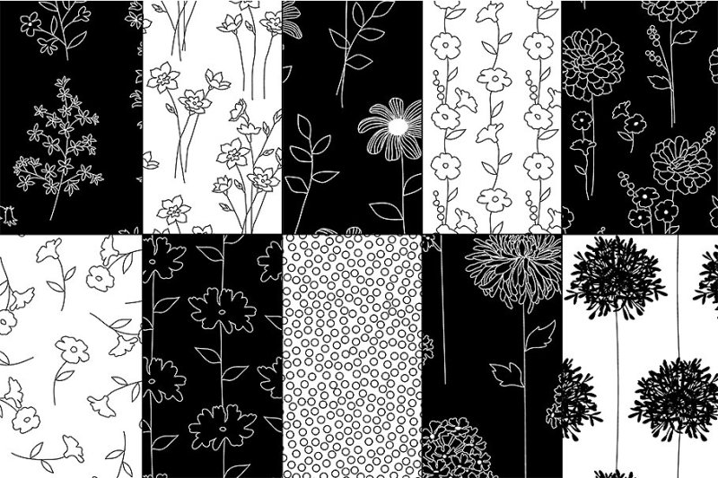 Black & White Botanical Patterns By Melissa Held Designs | TheHungryJPEG