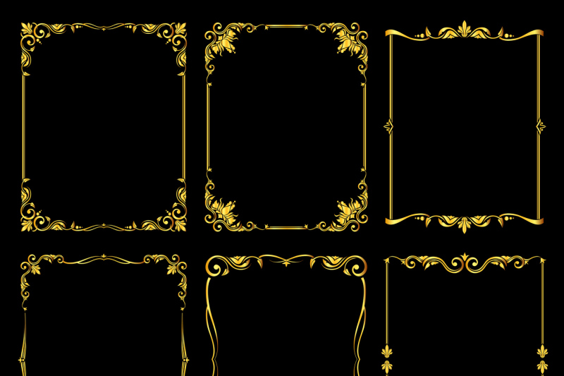 ornate-golden-vector-frames-set-over-black-background