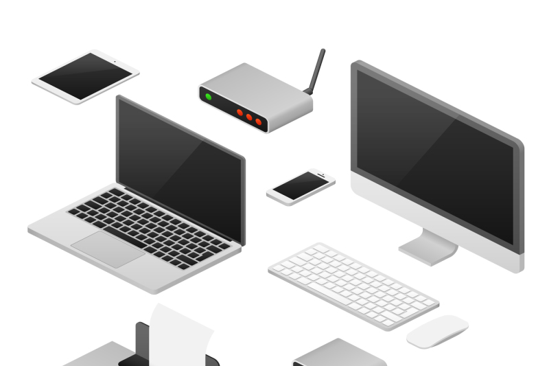 isometric-3d-digital-vector-computers-and-supplies-of-office-workspace