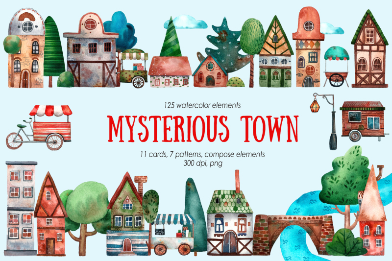 mysterious-town-watercolor-clip-art-set