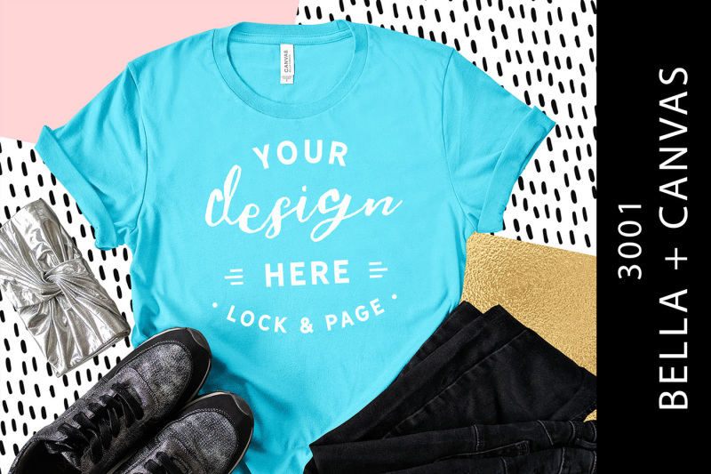 Free Aqua Bella Canvas 3001 T-Shirt Mockup Fashion Blog Flat Lay (PSD Mockups)