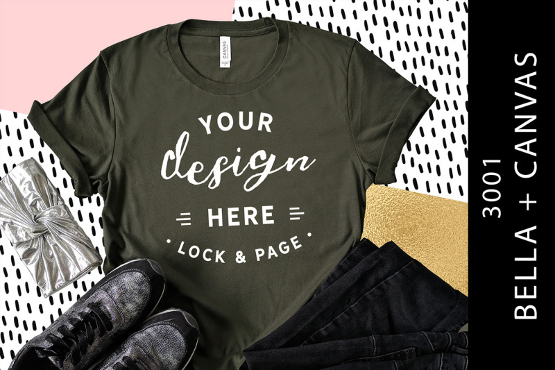 Free Army Bella Canvas 3001 T-Shirt Mockup Fashion Blog Flat Lay (PSD Mockups)