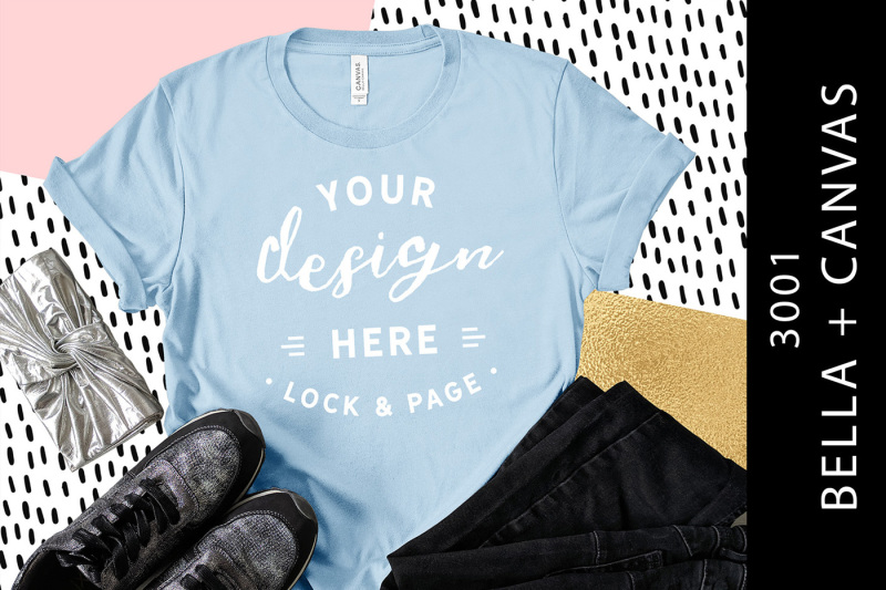 Free Baby Blue Bella Canvas 3001 T-Shirt Mockup Graphic Backdrop (PSD Mockups)