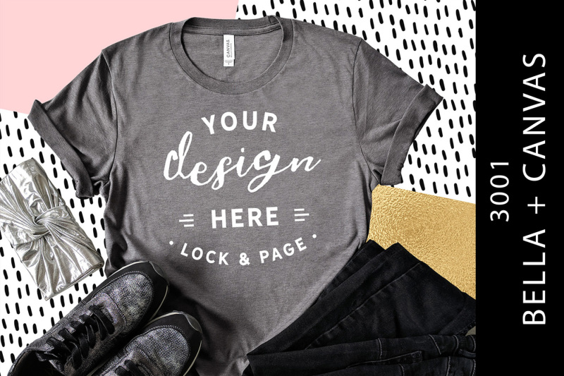 Free Heather Storm Bella Canvas 3001 T-Shirt Mockup Fun Flat Lay (PSD Mockups)
