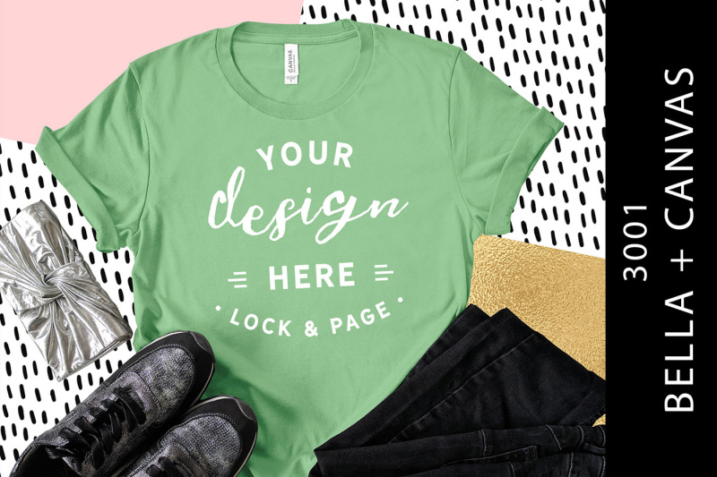 Free Leaf Bella Canvas 3001 T-Shirt Mockup Feminine Flat Lay (PSD Mockups)