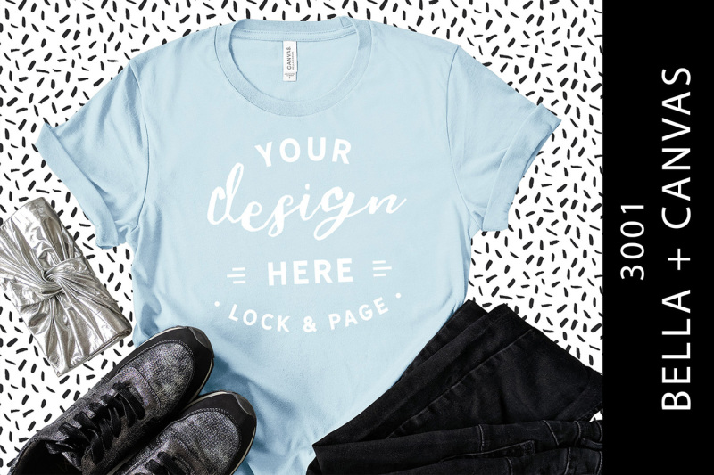 Free Bella Canvas 3001 Light Blue T-Shirt Mockup Feminine Flatlay (PSD Mockups)
