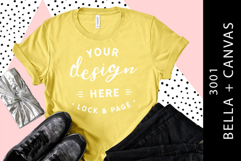 Free Maize Yellow Bella Canvas 3001 T-Shirt Mockup (PSD Mockups)