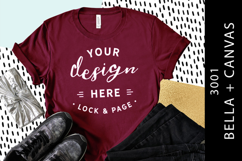 Free Maroon Bella Canvas 3001 T-Shirt Mockup Funky Flat Lay (PSD Mockups)