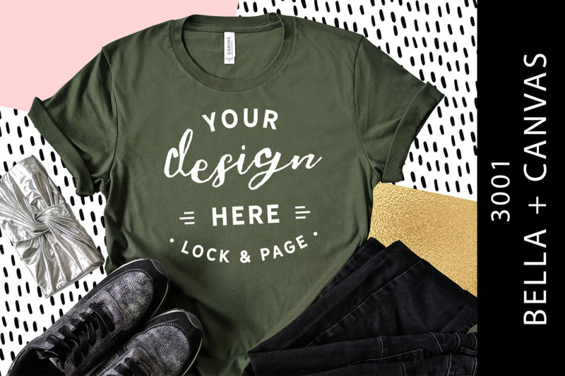 Free Military Green T-Shirt Mockup Bella Canvas 3001 (PSD Mockups)