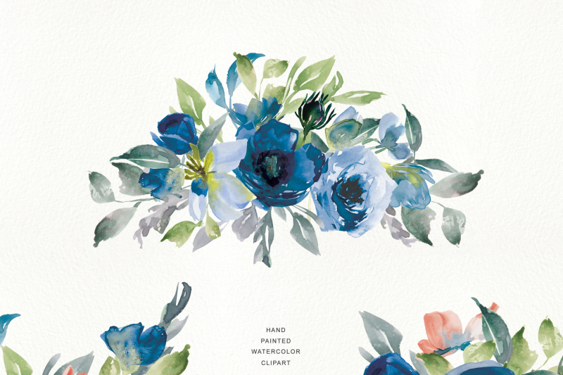 Watercolor Nave Rose Clipart - Navy Blue and Orange Floral Bouquets By