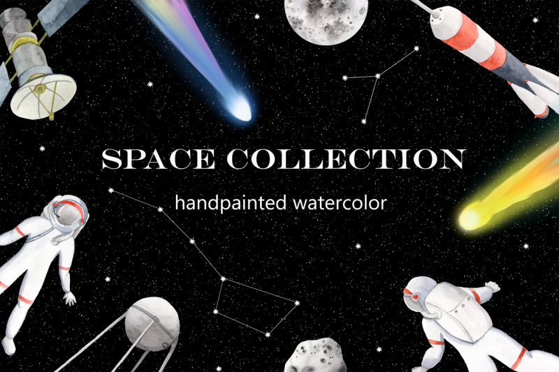 space-astronaut-spaceship-starry-sky-satellites-watercolor-clipart