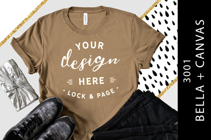 Free Pebble Brown Bella Canvas 3001 T-Shirt Mockup Gold Glitter (PSD Mockups)