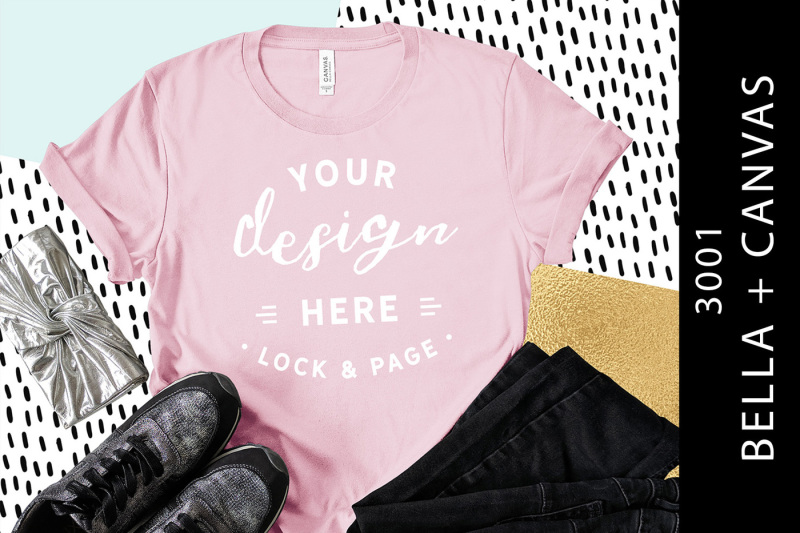 Free Pink Bella Canvas 3001 T-Shirt Mockup Purse Shoes Trousers (PSD Mockups)