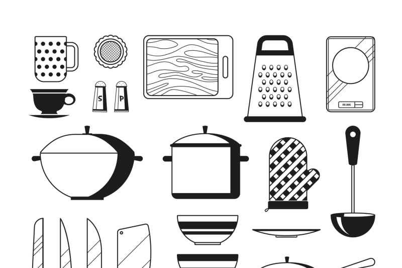 monochrome-illustrations-of-kitchen-tools-vector-silhoette-of-restaur