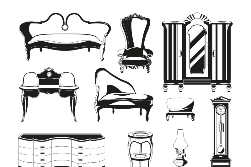 monochrome-illustrations-of-vintage-furniture-for-living-room