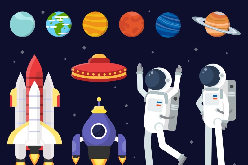 set-of-planets-space-shuttles-and-astronauts-in-flat-style