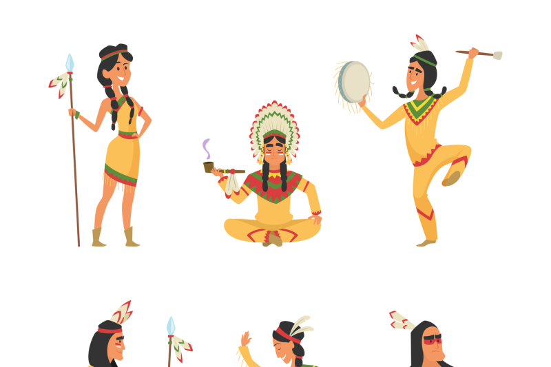 native-american-indians-cartoon-characters-set-in-vector-style