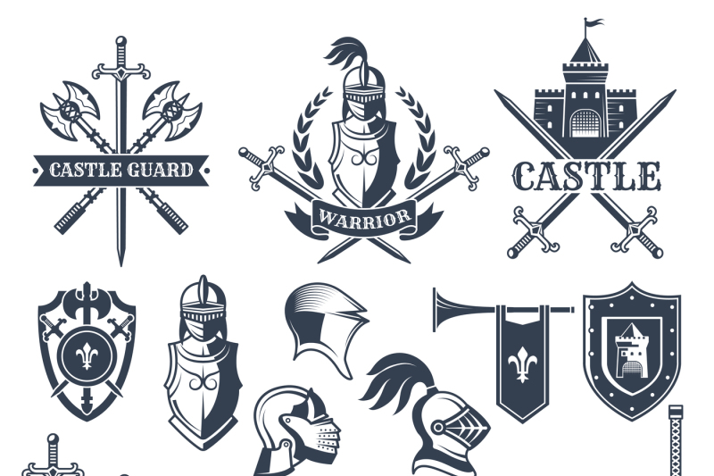 monochrome-pictures-and-badges-of-medieval-knight-theme-illustrations