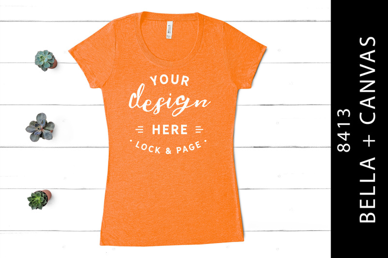 Free Bella Canvas 8413 Orange Triblend TShirt Mockup White Wood (PSD Mockups)