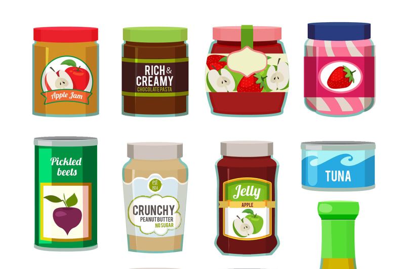 jars-with-canned-fruits-and-others-different-goods-vector-pictures-in