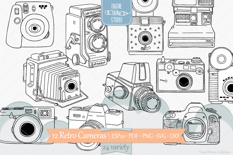 vintage-cameras-hand-drawn-polaroid-picture-retro-video