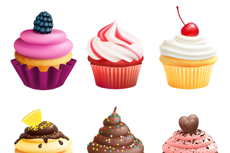 realistic-vector-illustrations-of-cupcakes-sweets-for-birthday-party