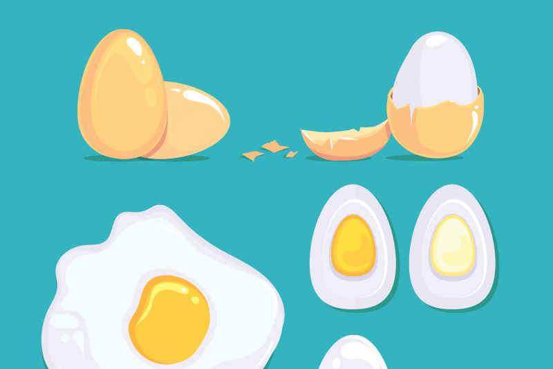 raw-and-cooked-eggs-in-different-conditions-vector-cartoon-pictures