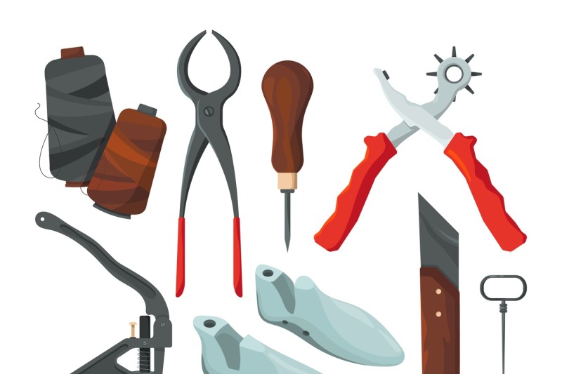 different-tools-for-shoe-repair-vector-pictures-in-cartoon-style